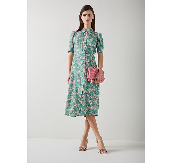 l.k. bennett Valerie Cream Horses Print Belted Shirt dress