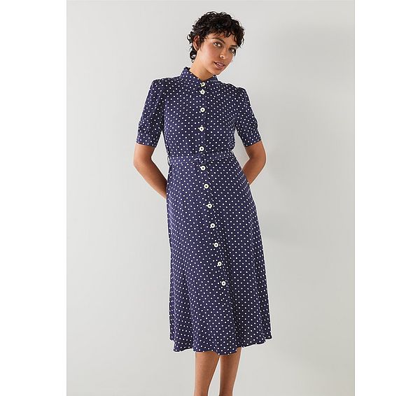 L.k. Bennett Valerie Spring Navy & Birch Viscose Printed Viscose Shirt Dress With Belt