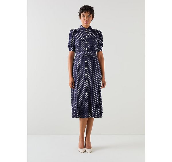 l.k. bennett Valerie Spring Navy & Birch Viscose Printed Viscose Shirt Dress With Belt