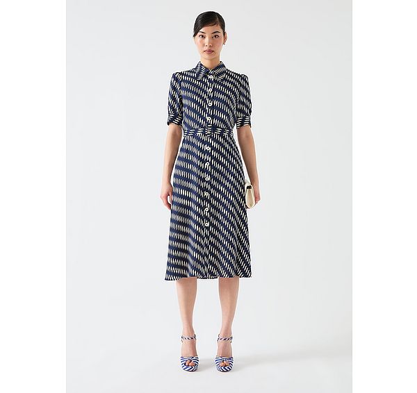 l.k. bennett Valerie Spring Navy & Birch Viscose Printed Viscose Shirt Dress With Belt