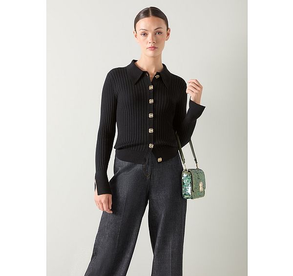 l.k. bennett Willow Black Cotton Rib Collar Cardigan