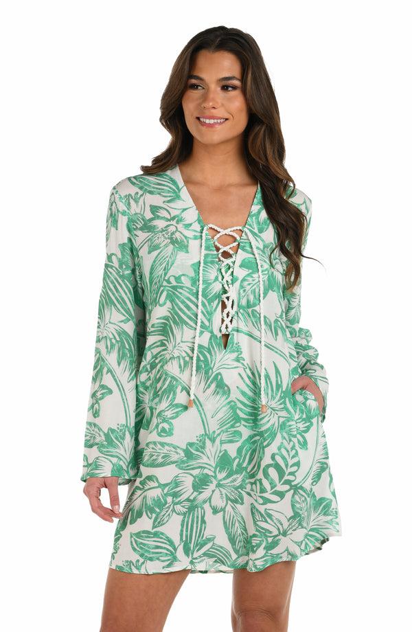 La Blanca Batiki Balinese Lace Up V-Neck Tunic Cover Up