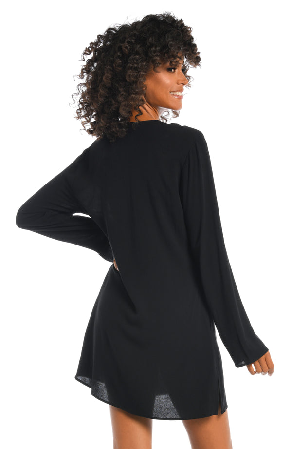 La Blanca Beachcomber Basics Lace Up V-Neck Tunic - Black - FINAL SALE