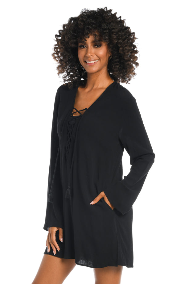 La Blanca Beachcomber Basics Lace Up V-Neck Tunic - Black - FINAL SALE