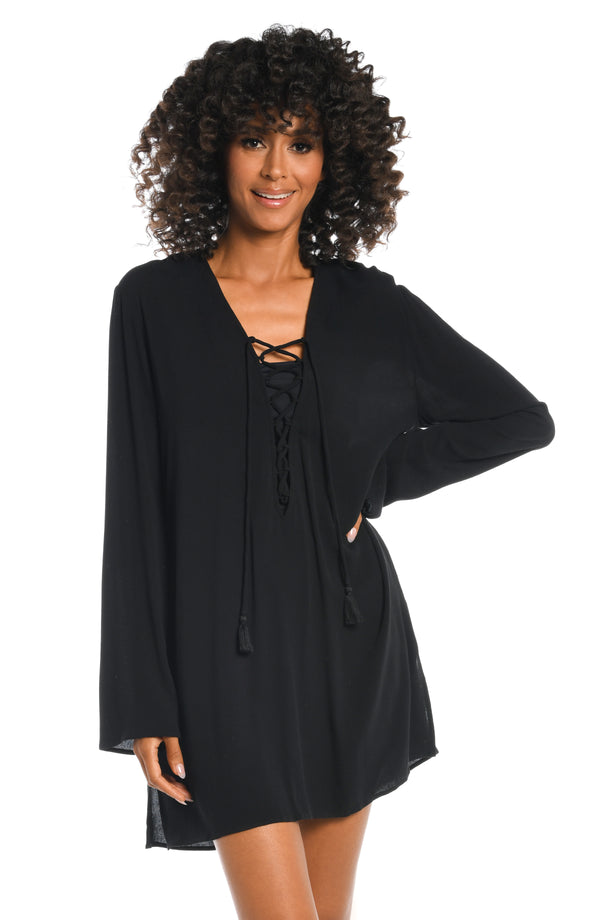la blanca Beachcomber Basics Lace Up V-Neck Tunic - Black - FINAL SALE