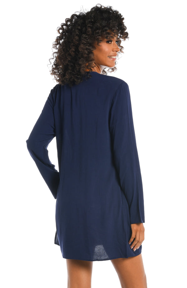 La Blanca Beachcomber Basics Lace Up V-Neck Tunic - Indigo - FINAL SALE