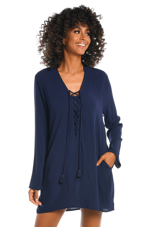 La Blanca Beachcomber Basics Lace Up V-Neck Tunic - Indigo - FINAL SALE