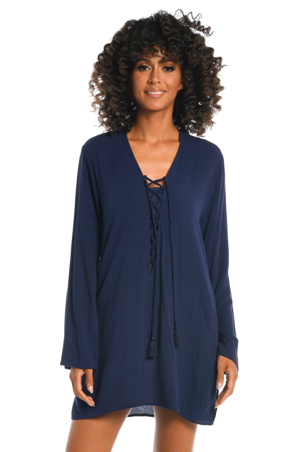 la blanca Beachcomber Basics Lace Up V-Neck Tunic - Indigo - FINAL SALE