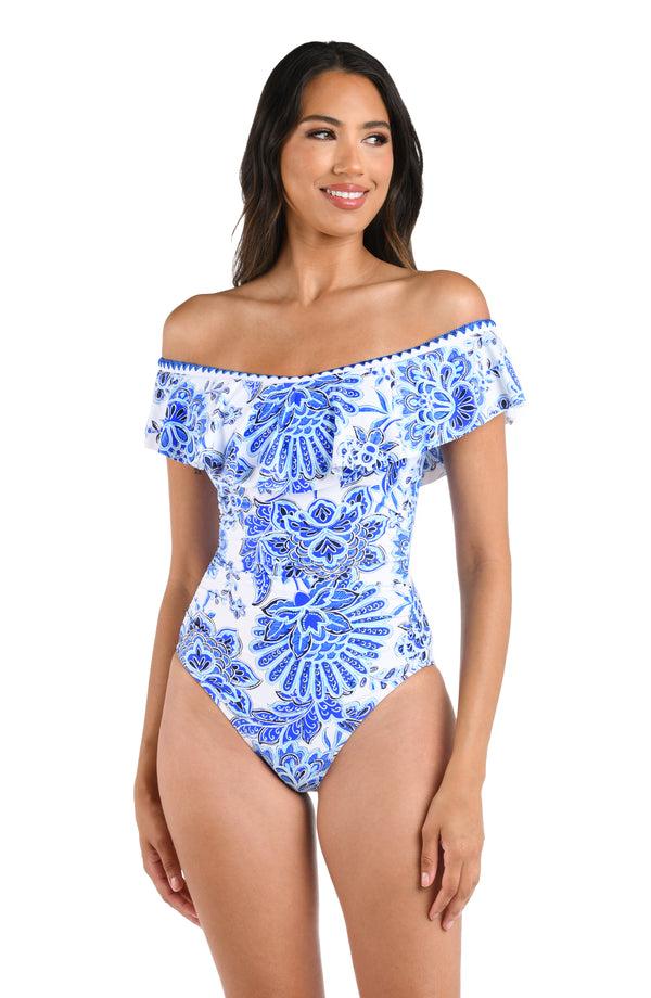 la blanca Beyond The Pacific Off Shoulder Ruffle One Piece