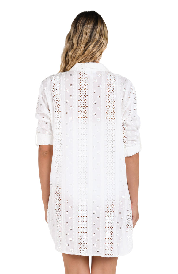 La Blanca Eyelet Covers Camp Shirt W/ Crochet Insets
