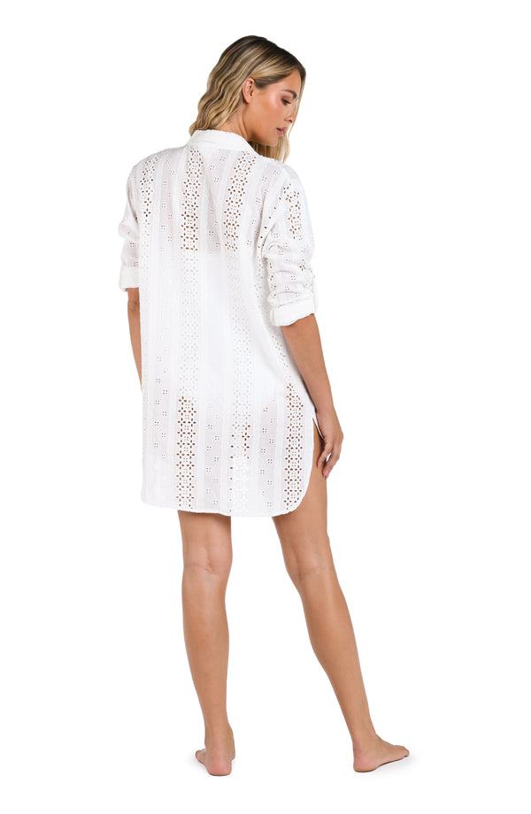 La Blanca Eyelet Covers Camp Shirt W/ Crochet Insets