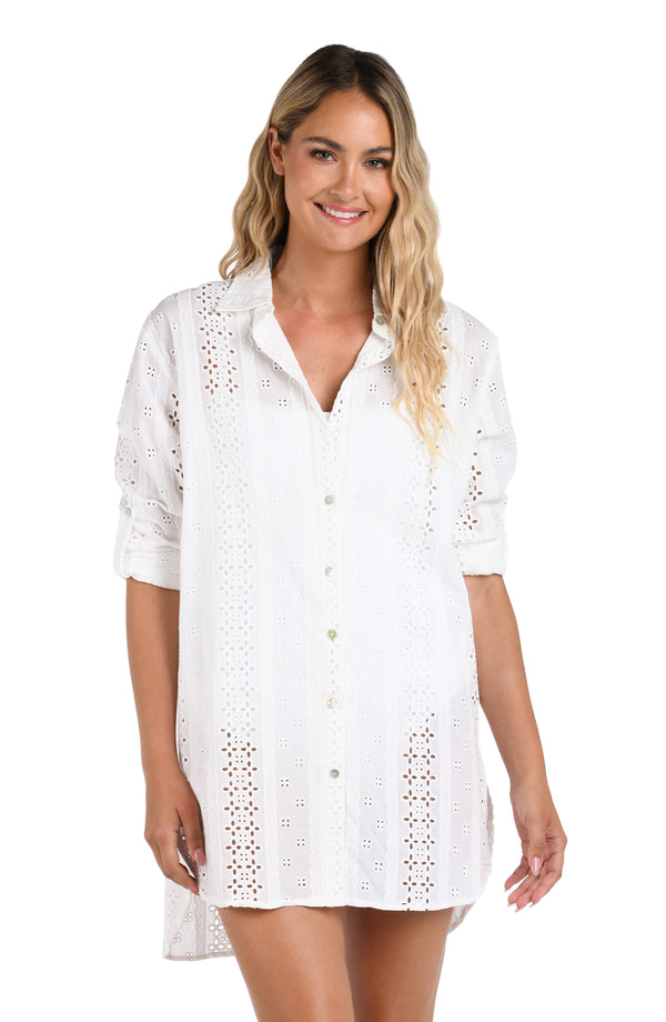 la blanca Eyelet Covers Camp Shirt w/ Crochet Insets