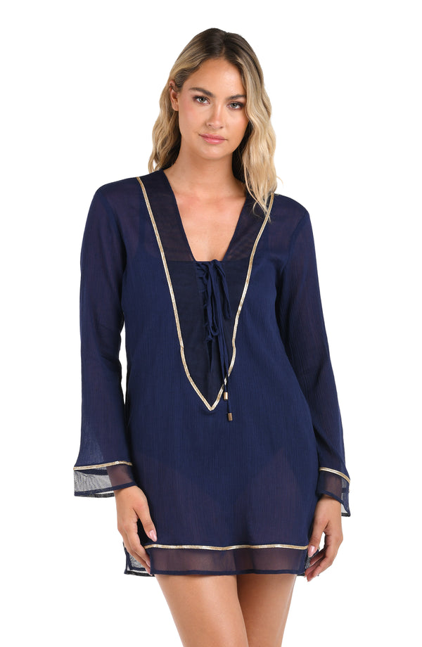 la blanca Fields Of Gold Lace Up V-Neck Tunic Cover Up - FINAL SALE