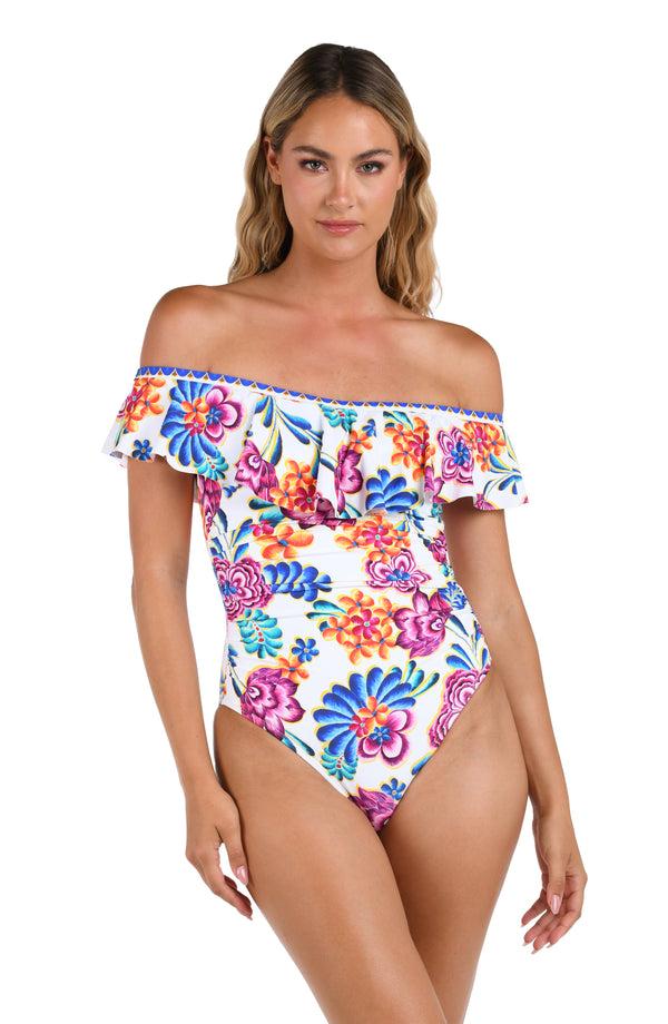 La Blanca Flor De Paradiso Off Shoulder Ruffle One Piece - FINAL SALE