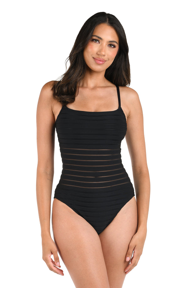 la blanca Fluid Lines Lingerie One Piece w/ Mesh Detail - Black - FINAL SALE
