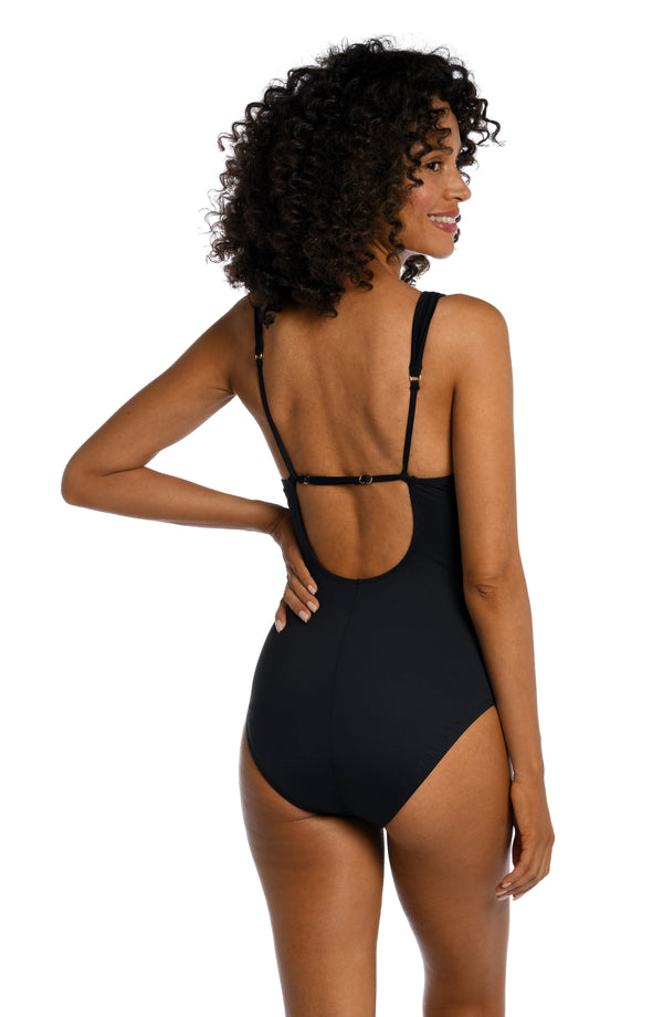 La Blanca Island Goddess Cross Front Keyhole One Piece - Black - FINAL SALE