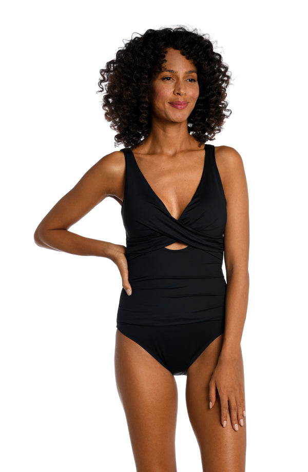 la blanca Island Goddess Cross Front Keyhole One Piece - Black - FINAL SALE