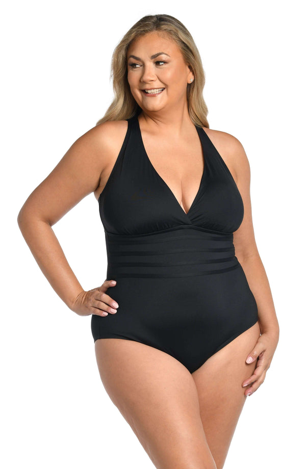 La Blanca Island Goddess Multi-Strap Cross-Back One Piece - Black