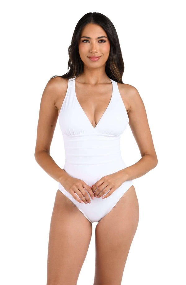 la blanca Island Goddess Multi-Strap Cross-Back One Piece - White