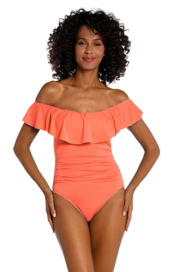 la blanca Island Goddess Off Shoulder Ruffle One Piece - Bird of Paradise - FINAL SALE