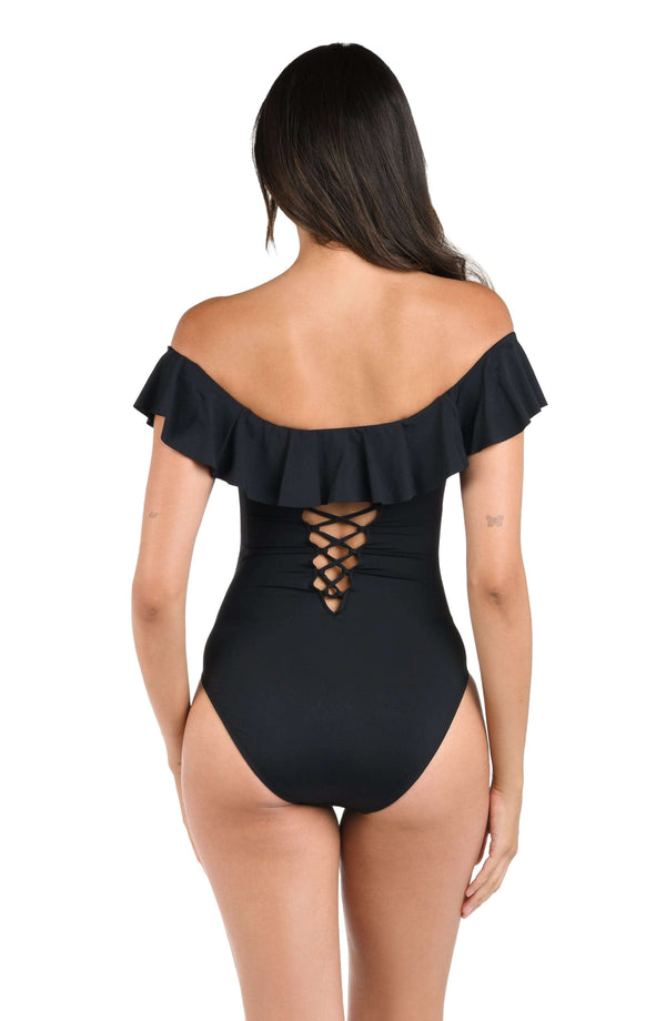 La Blanca Island Goddess Off Shoulder Ruffle One Piece - Black