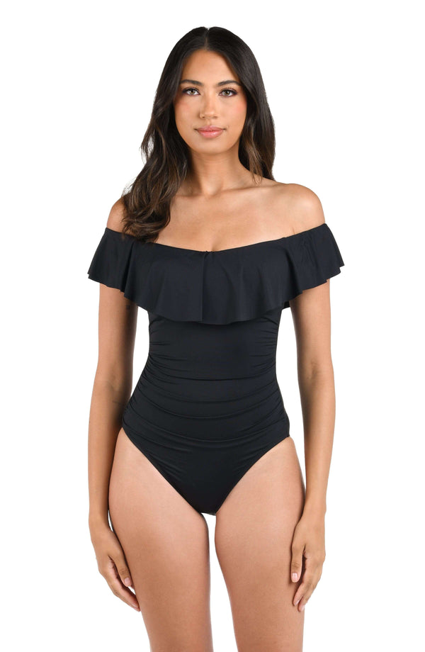 La Blanca Island Goddess Off Shoulder Ruffle One Piece - Black