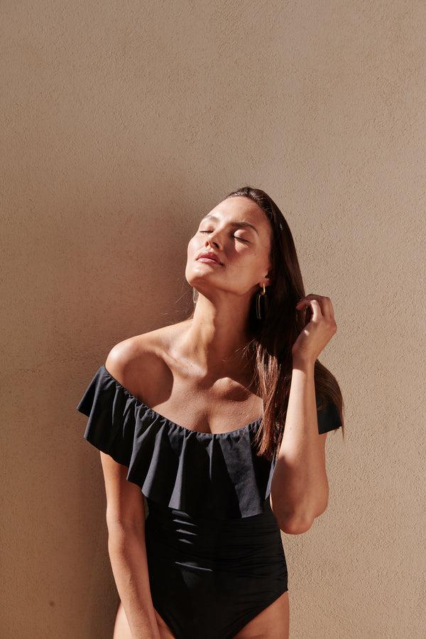 La Blanca Island Goddess Off Shoulder Ruffle One Piece - Black