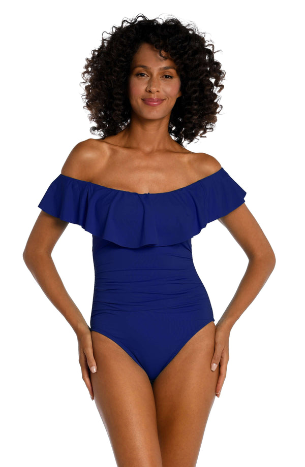 la blanca Island Goddess Off Shoulder Ruffle One Piece - Blueberry - FINAL SALE