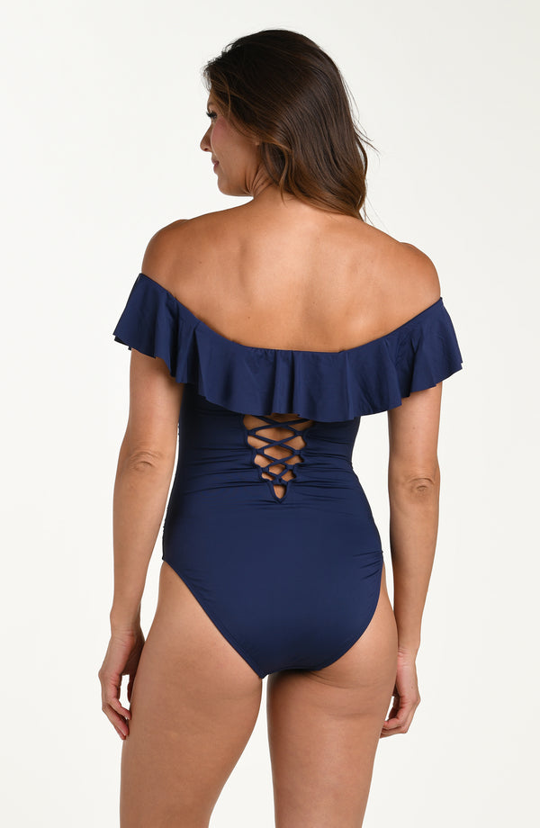La Blanca Island Goddess Off Shoulder Ruffle One Piece - Indigo