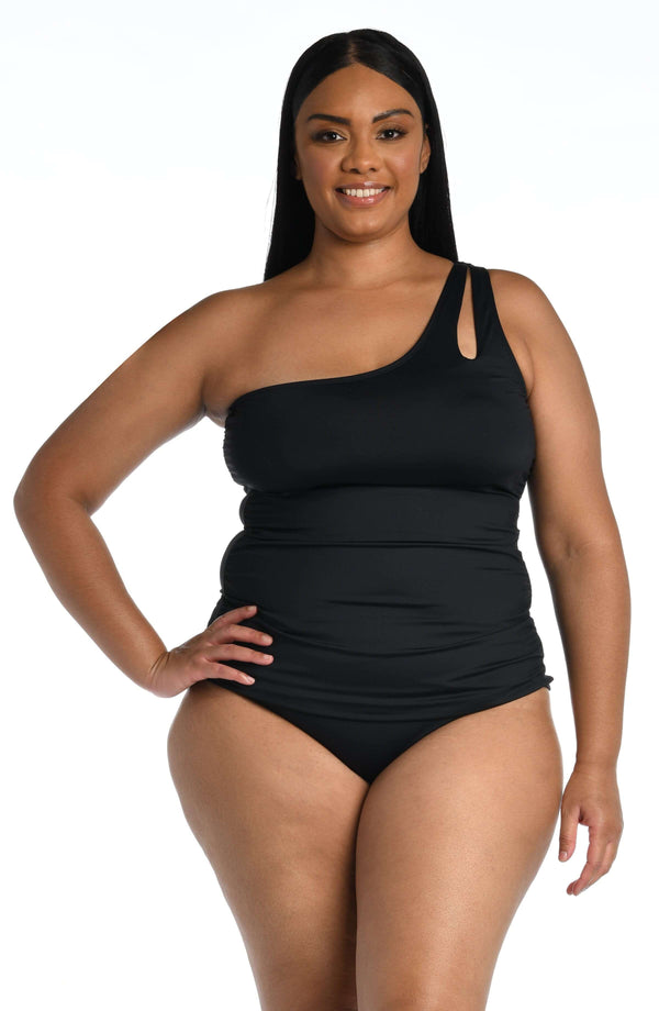 La Blanca Island Goddess One Shoulder Keyhole Tankini Top - Black