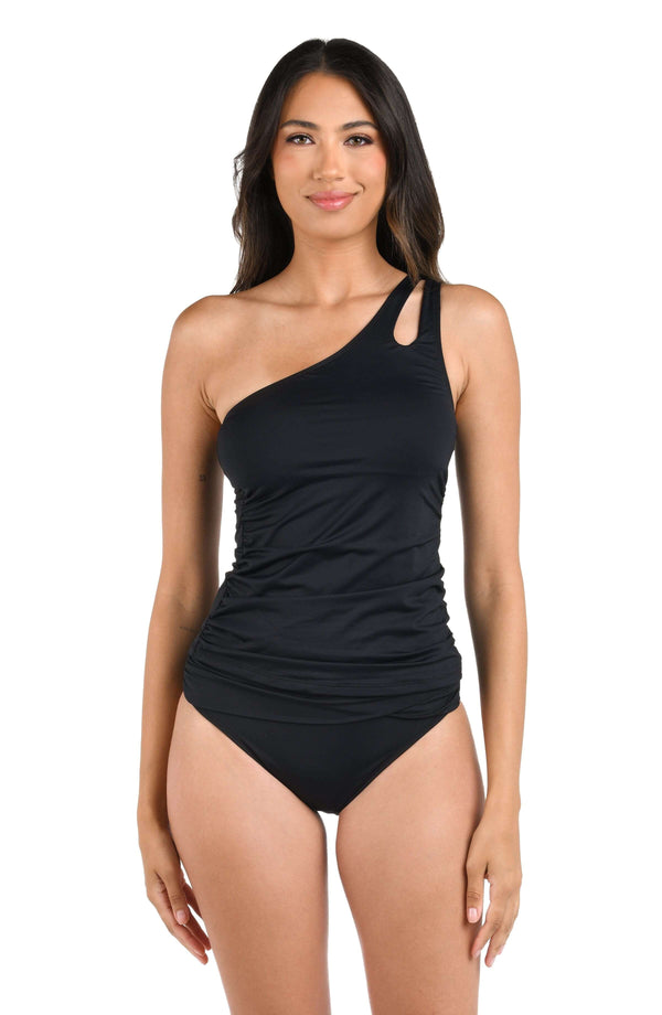 la blanca Island Goddess One Shoulder Keyhole Tankini Top - Black