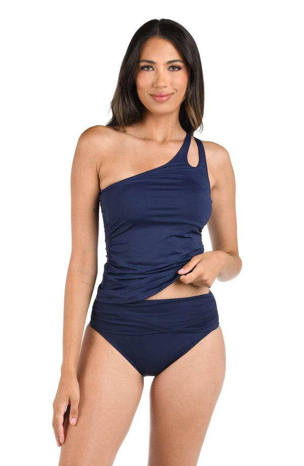 La Blanca Island Goddess One Shoulder Keyhole Tankini Top - Indigo
