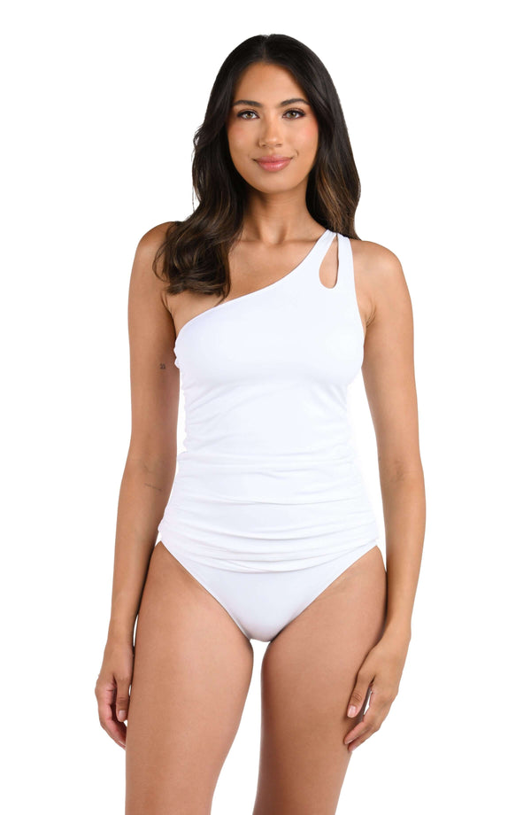 la blanca Island Goddess One Shoulder Keyhole Tankini Top - White