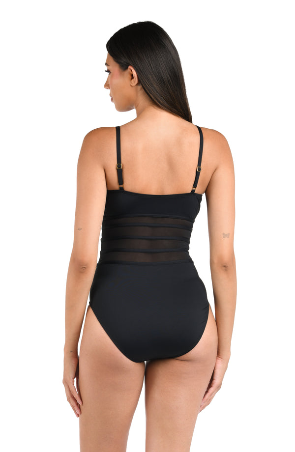 La Blanca Island Goddess Over The Shoulder Mesh One Piece - Black