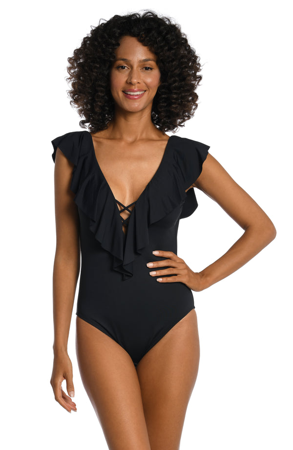 La Blanca Island Goddess Ruffle Plunge One Piece - Black - FINAL SALE