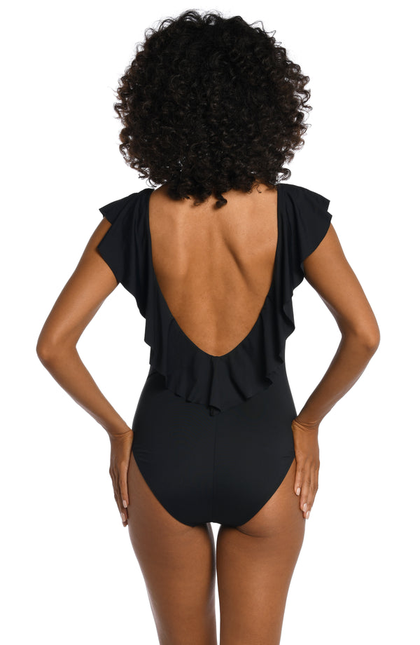 La Blanca Island Goddess Ruffle Plunge One Piece - Black - FINAL SALE