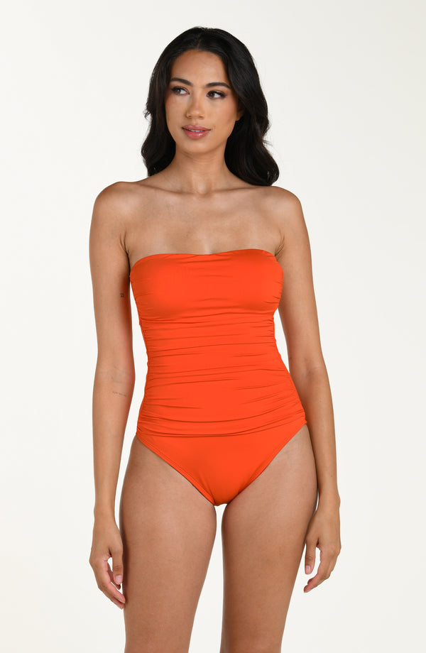 La Blanca Island Goddess Shirred Bandeau One Piece - Tangelo