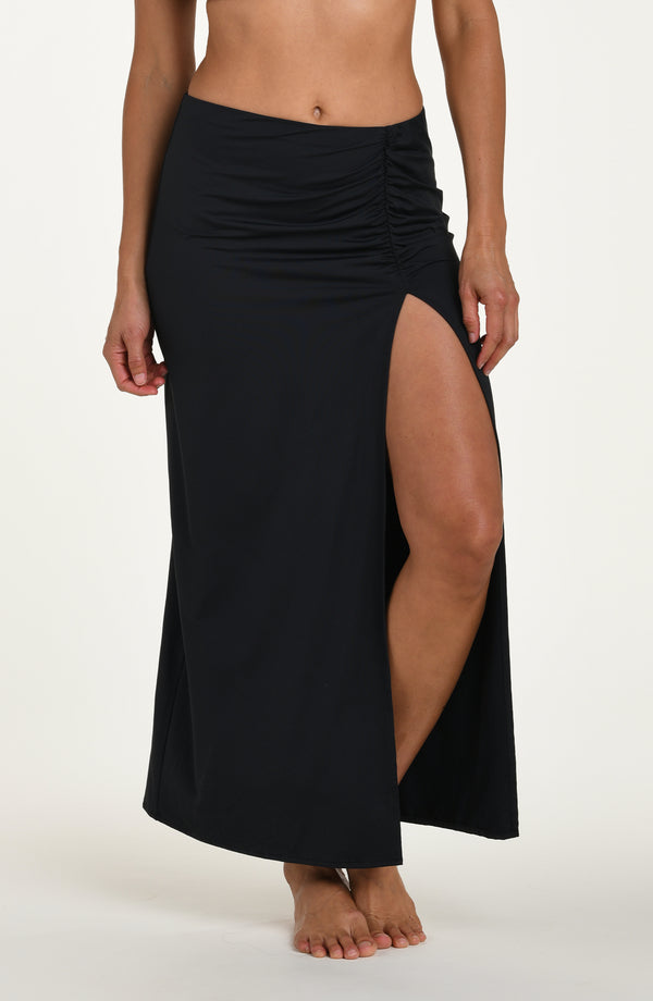 La Blanca Island Goddess Shirred Midi Skirt - Black
