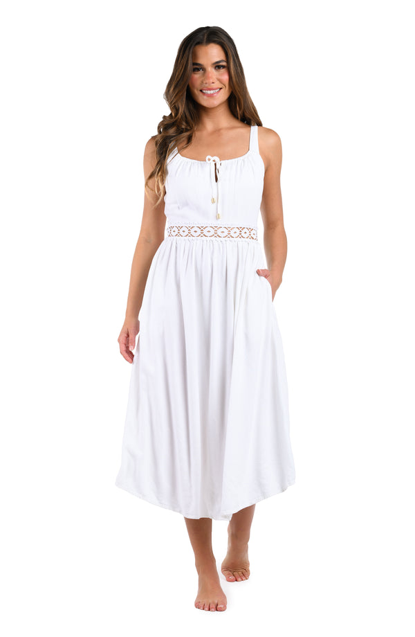 La Blanca Lakeside Linen Tunnel Neck Midi Dress