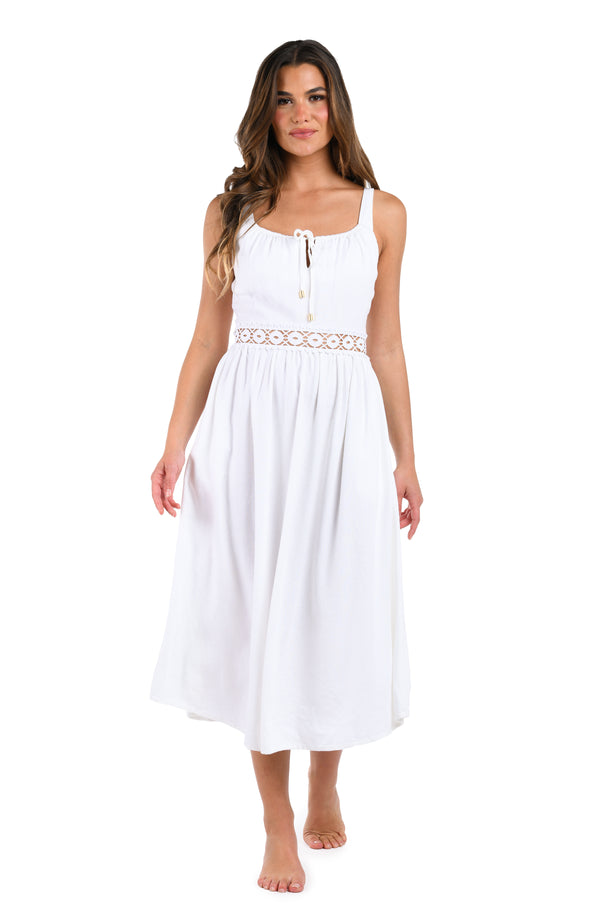 La Blanca Lakeside Linen Tunnel Neck Midi Dress