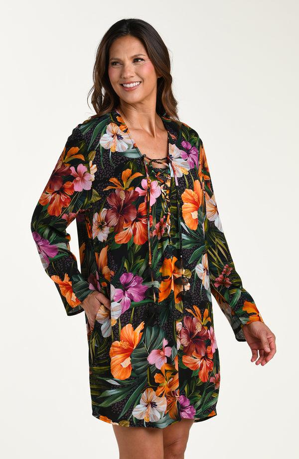 La Blanca Tropical Hideaway Lace Up V-Neck Tunic