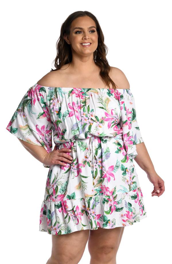 la blanca Mystic Palms Off-The-Shoulder Cover Up Dress - FINAL SALE