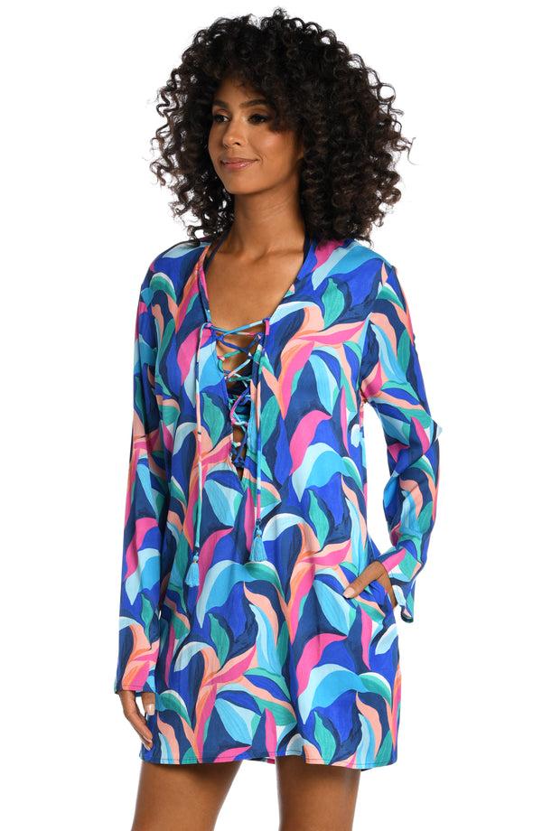 La Blanca Painted Leaves Lace Up V-Neck Tunic - FINAL SALE