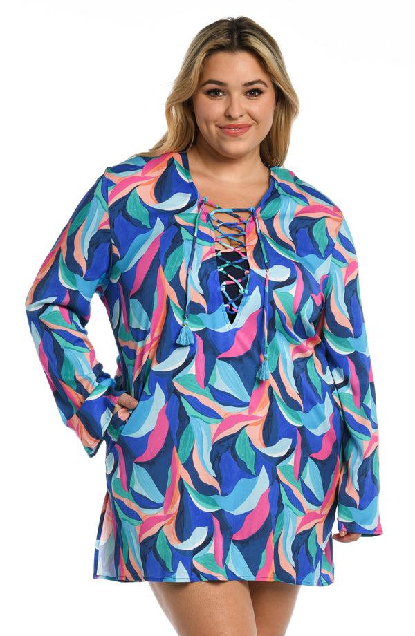 La Blanca Painted Leaves Lace Up V-Neck Tunic - FINAL SALE