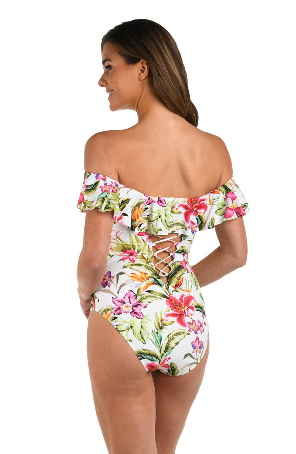 La Blanca Polynesian Paradise Off Shoulder Ruffle One Piece