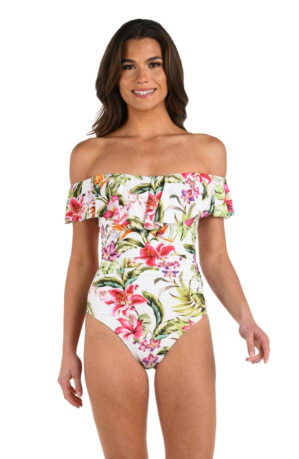 La Blanca Polynesian Paradise Off Shoulder Ruffle One Piece