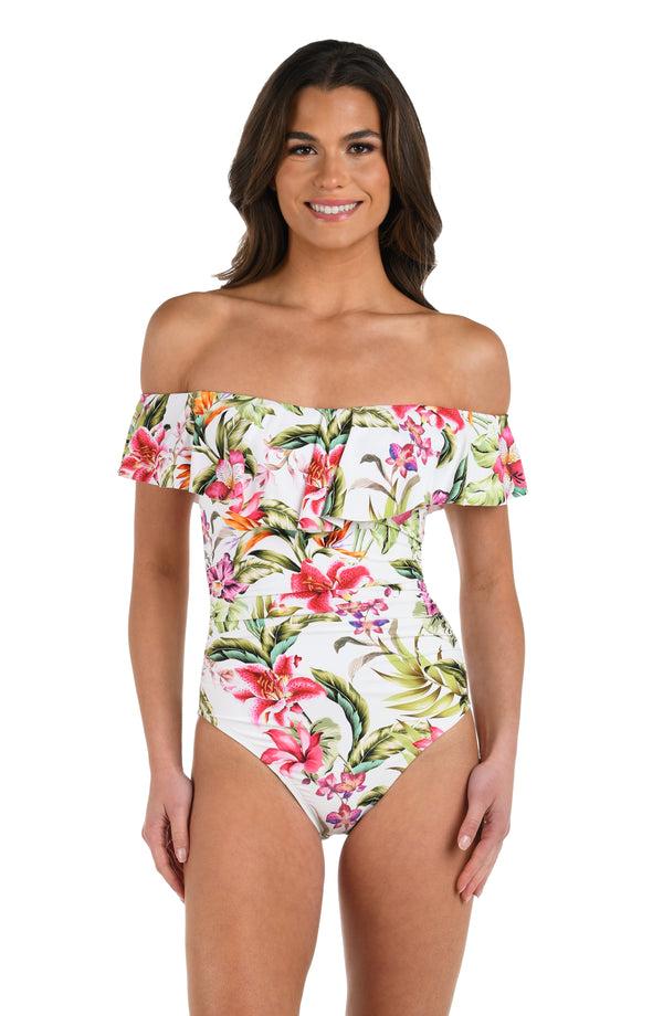 la blanca Polynesian Paradise Off Shoulder Ruffle One Piece