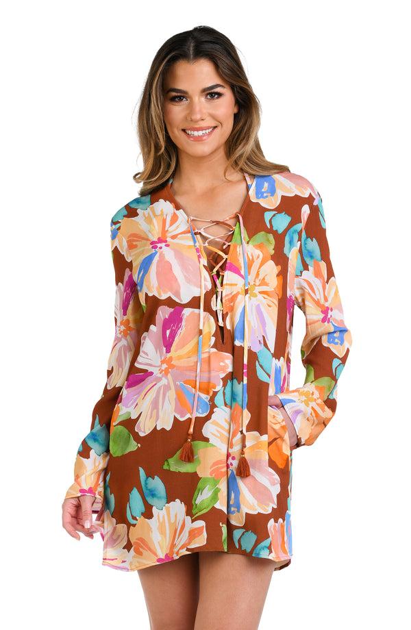 la blanca Saharan Sands Lace Up V-Neck Tunic Cover Up - FINAL SALE