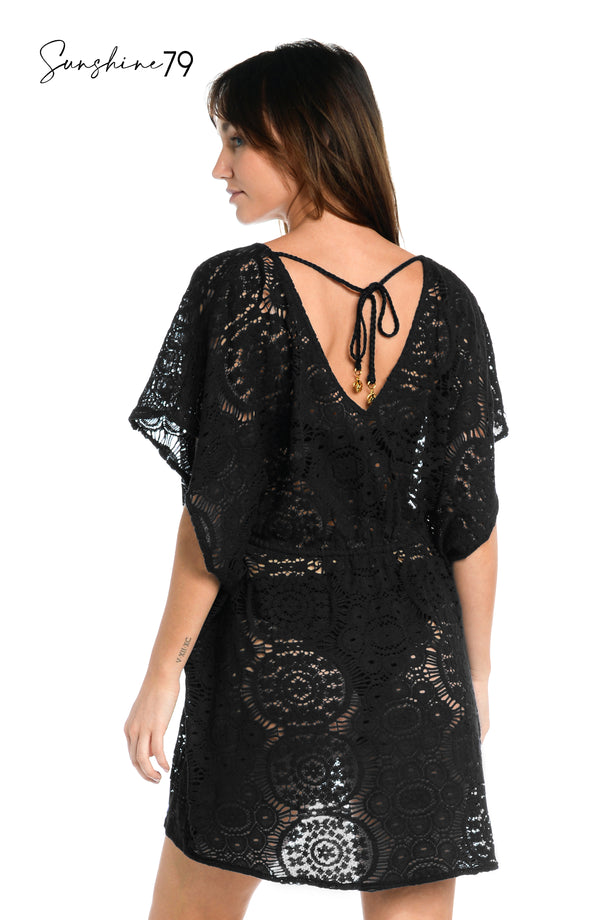 La Blanca Sunshine 79 Chillin' Crochet V-Neck Caftan Cover Up - Black - FINAL SALE