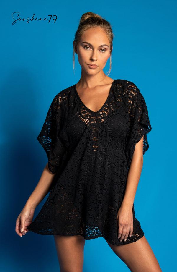 La Blanca Sunshine 79 Chillin' Crochet V-Neck Caftan Cover Up - Black - FINAL SALE